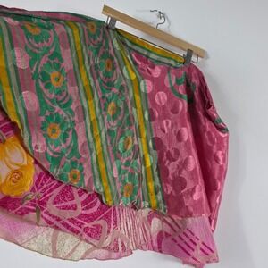 Silk Reversible Wrap Skirt Women S-L Pink Green Floral Polka Dot Boho